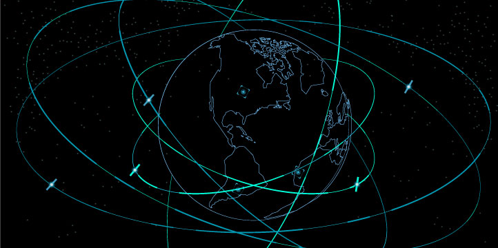 Satellites communicating with terminals.