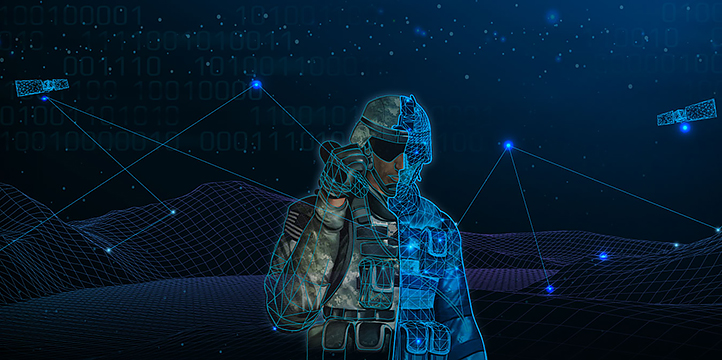 A digital soldier in front of a satellite network.